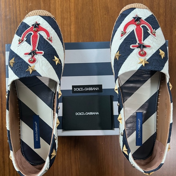 Dolce & Gabbana Shoes - Dolce & Gabbana Striped Espadrilles with Red Anchor